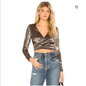 Revolve Grey Velvet Plaid Wrap Crop Top